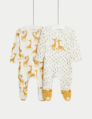 M&S 2pk Pure Cotton Giraffe Sleepsuits (6lbs-3 Yrs) - TINY - White Mix, White Mix