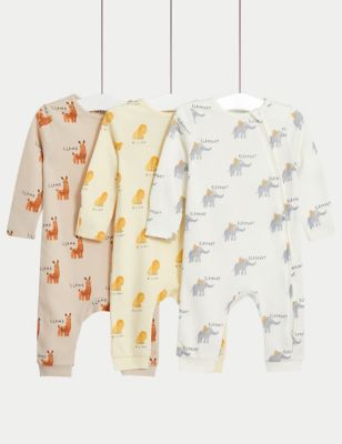 M&S 3pk Pure Cotton Safari Sleepsuits (6lbs-3 Yrs) - 2-3Y - Yellow Mix, Yellow Mix