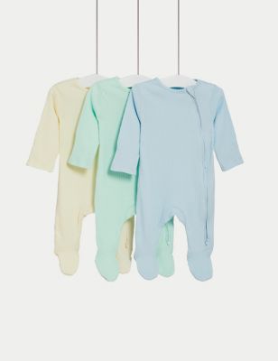 M&S 3pk Pure Cotton Ribbed Sleepsuits (0-3 Yrs) - NB - Green Mix, Green Mix