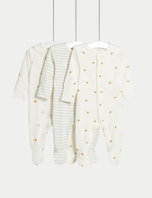 M&S 3pk Pure Cotton Printed Sleepsuits (0-36 Months) - TINY - White Mix, White Mix
