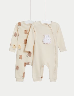 M&S 2pk Pure Cotton Bear Sleepsuits (6lbs-3 Yrs) - NB - Cream Mix, Cream Mix