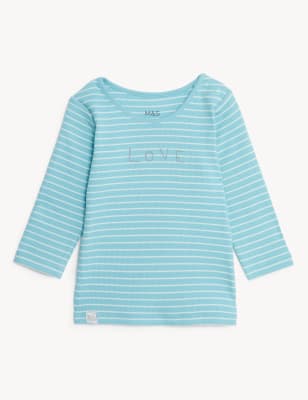 

M&S Collection Gestreiftes T-Shirt aus reiner Baumwolle mit Schriftzug „Love“ (3,2 kg - 12 M.) - Turquoise Mix, Turquoise Mix