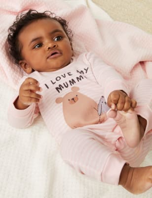 

M&S Collection Pijama de bebé 100% algodón de rayas con diseño de animales (7 lbs-12 meses) - Pink, Pink