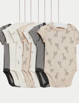 7pk Pure Cotton Giraffe & Striped Bodysuits (5lbs-3 Yrs) - NZ