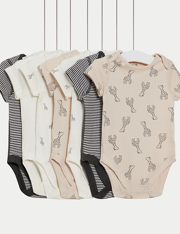 7pk Pure Cotton Giraffe & Striped Bodysuits (5lbs-3 Yrs) - HK