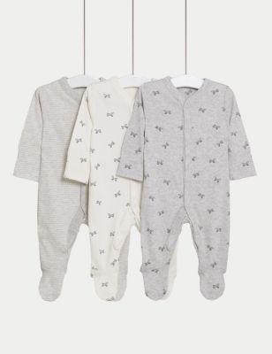 M&S 3pk Pure Cotton Dog & Striped Sleepsuits (5lbs-3 Yrs) - EARLY - Grey Marl, Grey Marl