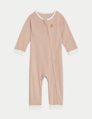 M&S Pure Cotton Striped Sleepsuit (7lbs-1 Yrs) - 9-12M - Sandstone, Sandstone