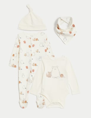 M&S 4pc Pure Cotton Animal Starter Set - 1 M - White Mix, White Mix