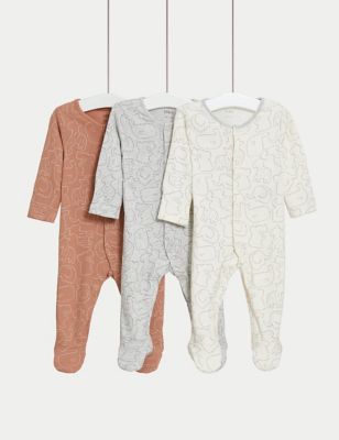 3pk Pure Cotton Animal Sleepsuits (6½lbs-3 Yrs)