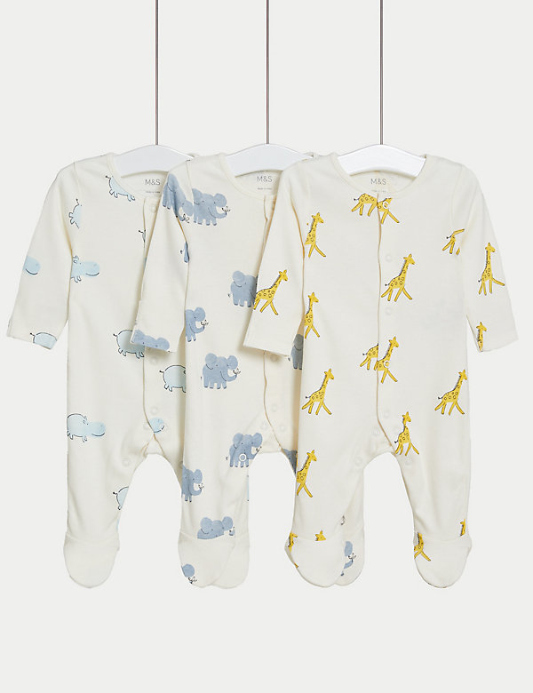 3pk Pure Cotton Safari Sleepsuits (6½lbs-3 Yrs) - DK