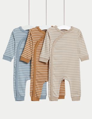 M&S 3pk Pure Cotton Striped Sleepsuits (61/2lbs-3 Yrs) - NB - Multi, Multi
