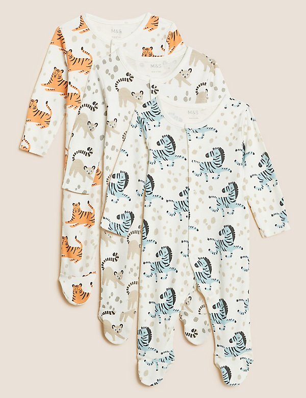 3pk Pure Cotton Animal Sleepsuits (6½lbs - 3 Yrs) - IT