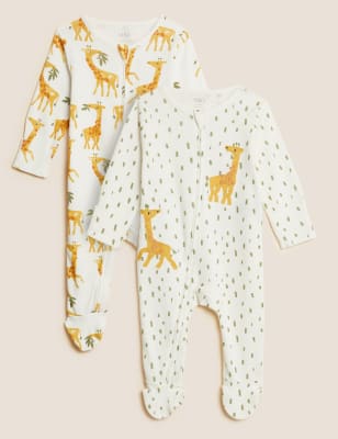 2pk Pure Cotton Giraffe Sleepsuits