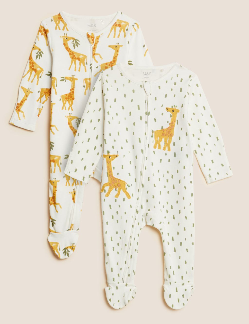 2pk Pure Cotton Giraffe Sleepsuits (0-3 Yrs) image 1