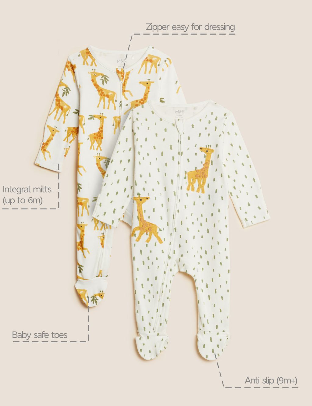 2pk Pure Cotton Giraffe Sleepsuits (0-3 Yrs) image 7