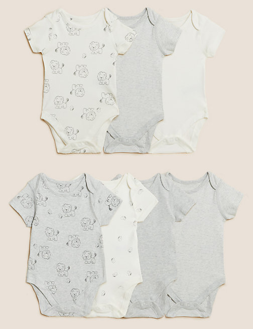 Marks And Spencer Unisex,Boys,Girls M&S Collection 7pk Pure Cotton Lion Bodysuits (5lbs - 3 Yrs) - Grey Mix