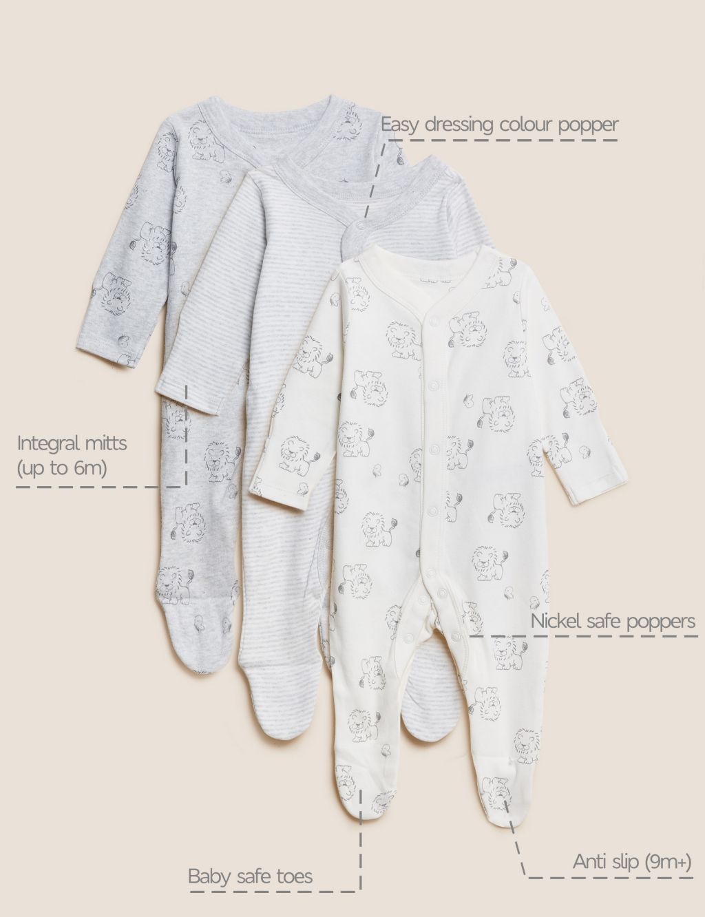 Pure Cotton Lion Print Sleepsuits (0-3 Yrs) image 9