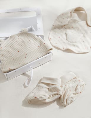 

M&S Collection 3-teiliges Set aus Mütze, Lätzchen und Socken aus reiner Baumwolle (3,2 kg-1 Jahr) - Cream Mix, Cream Mix