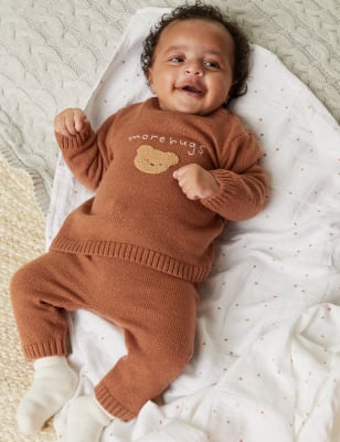 2pc Cotton Rich Knitted Bear Outfit (7lbs-1 Yr) - DE