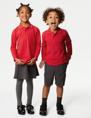 Marks And Spencer Unisex,Boys,Girls Unisex Long Sleeve Polo Shirt (2-16 Yrs) - Red