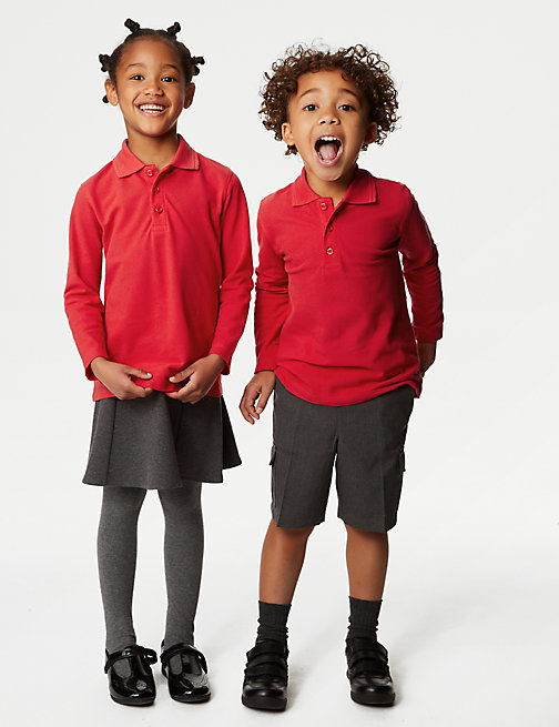 Marks And Spencer Unisex,Boys,Girls Unisex Long Sleeve Polo Shirt (2-16 Yrs) - Red