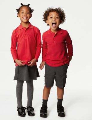 M&S Unisex Long Sleeve Polo Shirt (2-16 Yrs) - 7-8 Y - Red, Red,Gold,White,Dark Navy,Pale Blue,Royal