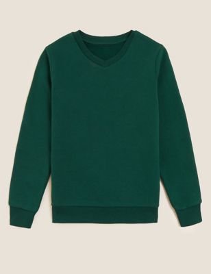 M&S Unisex Cotton V-Neck Sweatshirt (2-16 Yrs) - 9-10YREG - Bottle Green, Bottle Green