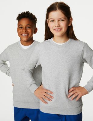 M&S Unisex Cotton V-Neck Sweatshirt (2-16 Yrs) - 2-3 YREG - Grey Marl, Grey Marl,Burgundy