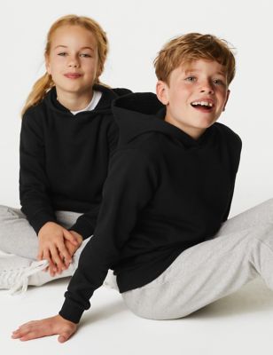 M&S Unisex Cotton Hooded Sweatshirt (2-18 Yrs) - 15-16 - Black, Black,Dark Navy