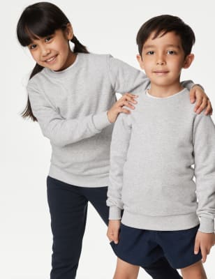 M&S Unisex Cotton Crew Neck Sweatshirt (2-16 Yrs) - 7-8 YREG - Grey Marl, Grey Marl,Purple,Bottle Gr