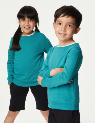 M&S Unisex Cotton Crew Neck Sweatshirt (2-16 Yrs) - 9-10YREG - Jade, Jade,Pale Blue,Grey Marl,Bottle