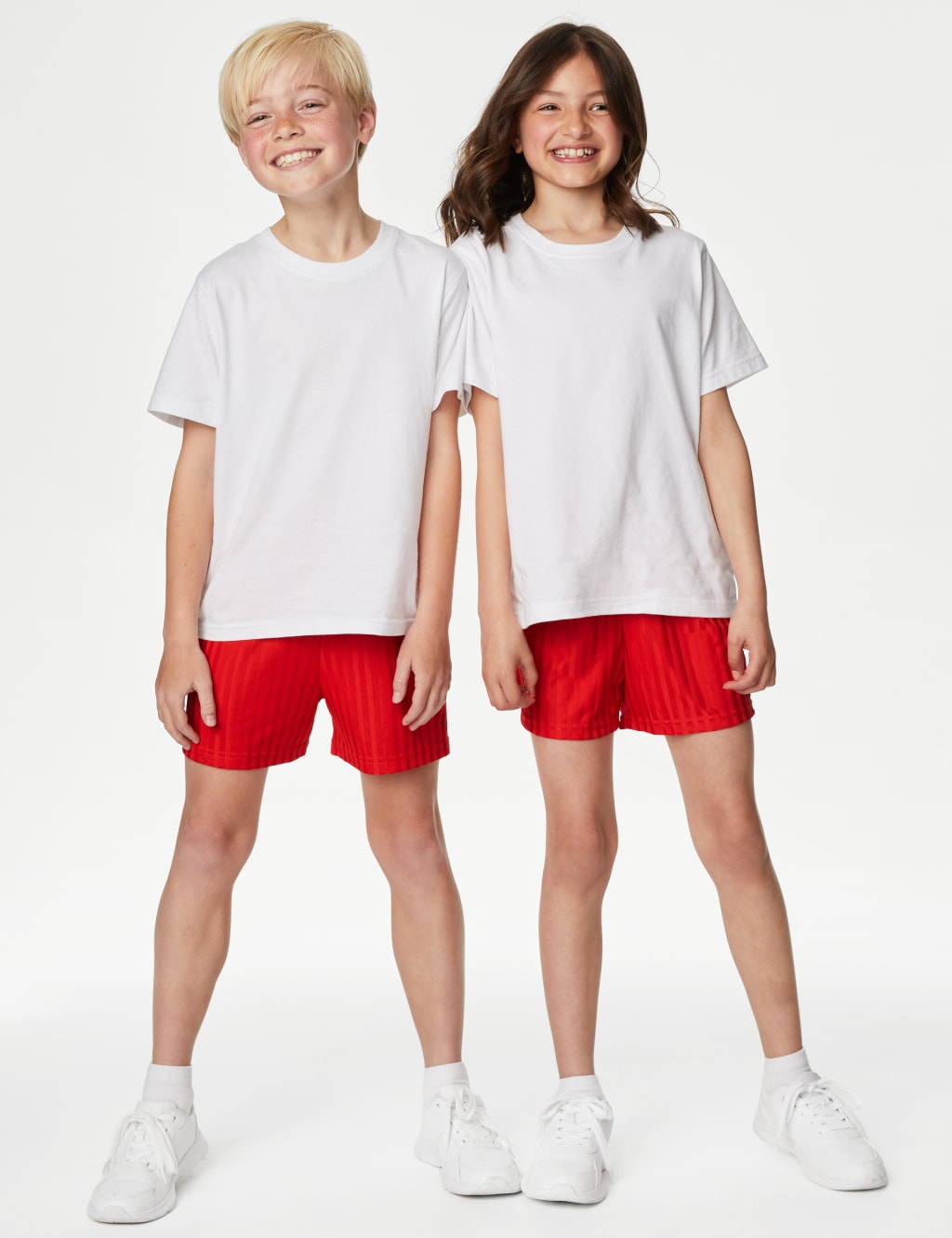 Girls red pe shorts discount
