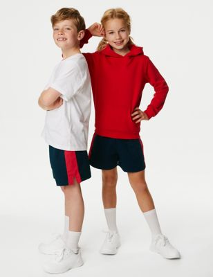 M&S Unisex Pure Cotton Sports Shorts (2-16 Yrs) - 10-11 - Red Mix, Red Mix,Bottle Green,Burgundy