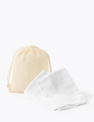 M&S Womens 2 Pack Organic Muslin Cloths & Reusable Bag - White, White