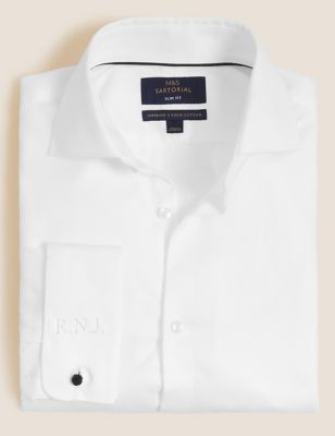 M&S Sartorial Slim Fit Personalised Men's Double Cuff Herringbone Shirt - 14.5 - White, White