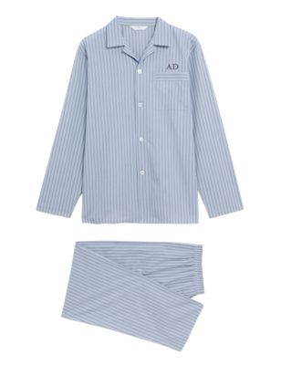 M&S Personalised Mens Bengal Stripe Pyjama Set - Blue Mix, Blue Mix