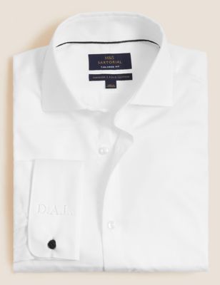 M&S Sartorial Tailored Fit Personalised Men's Double Cuff Herringbone Shirt - 14.5 - White, White