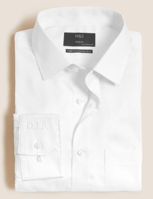 M&S Longer Length Regular Fit Personalised Mens Twill Shirt - 15L - White, White