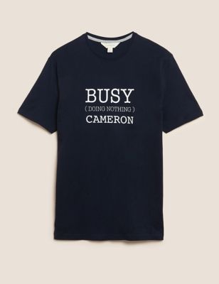 M&S Mens Personalised Men's Busy Slogan Pyjama Top - Navy Mix, Navy Mix