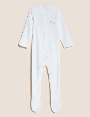 M&S Personalised Cotton Sleepsuit - NB - White, White