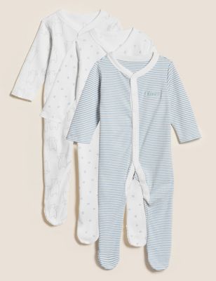 M&S 3 Pack Personalised Pure Cotton Sleepsuits - NB - Blue, Blue,Pink