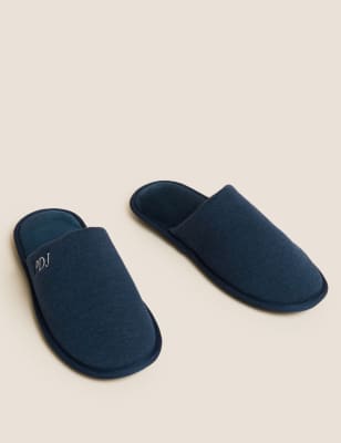 M&S Mens Personalised Jersey Mule Slipper - Dark Navy, Dark Navy