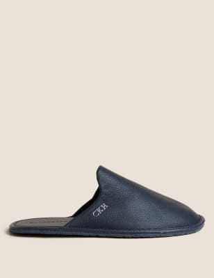 Autograph Personalised Mens Leather Mule Slippers - 8 - Dark Navy, Dark Navy