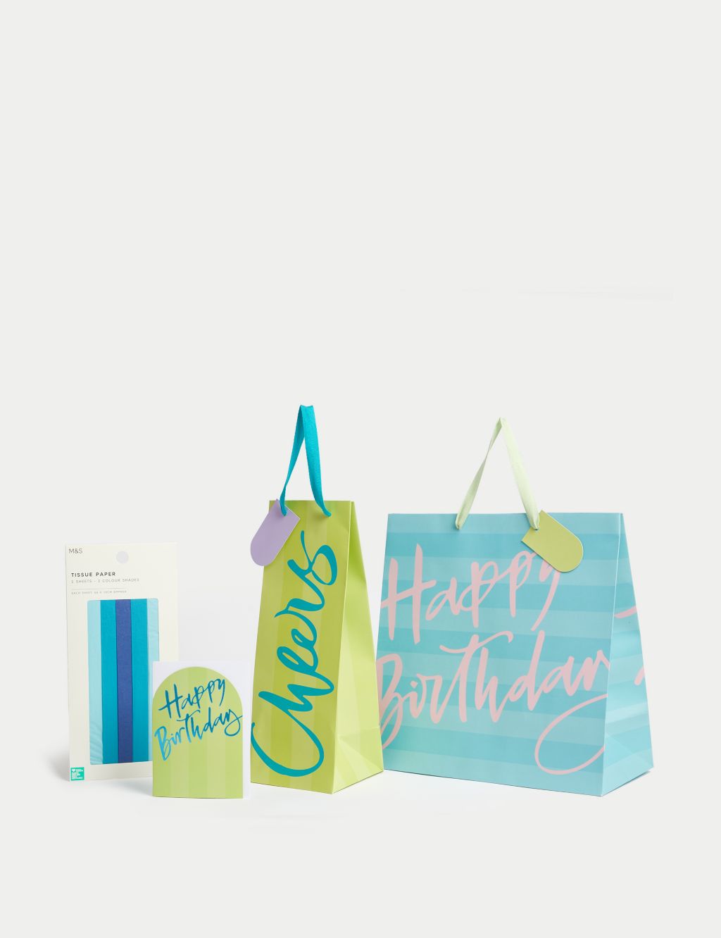 Birthday Card, Gift Bags & Tissue Paper Pack - Green & Blue