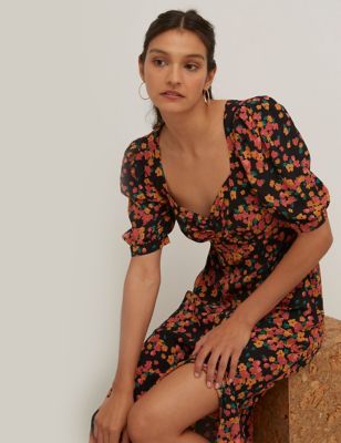 Floral V-Neck Puff Sleeve Midi Tea Dress | Nobody's Child | M&S