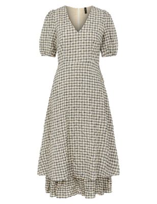 M&S Y.A.S Womens Cotton Blend Gingham Midi Tiered Dress