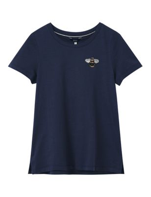 M&S Joules Womens Pure Cotton Embellished Scoop Neck T-Shirt