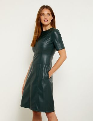 M&S Sosandar Womens Faux Leather Round Neck Shift Dress
