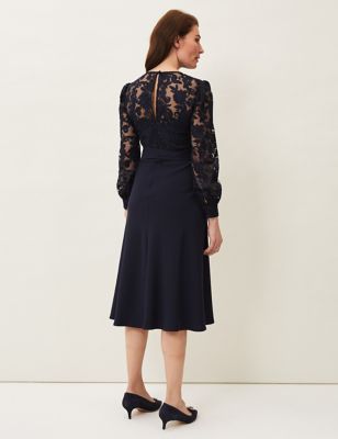 M&S Phase Eight Womens Lace Round Neck Belted Midi Shift Dress