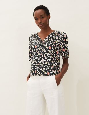 M&S Phase Eight Womens Floral V-Neck Regular Fit Short Sleeve Top